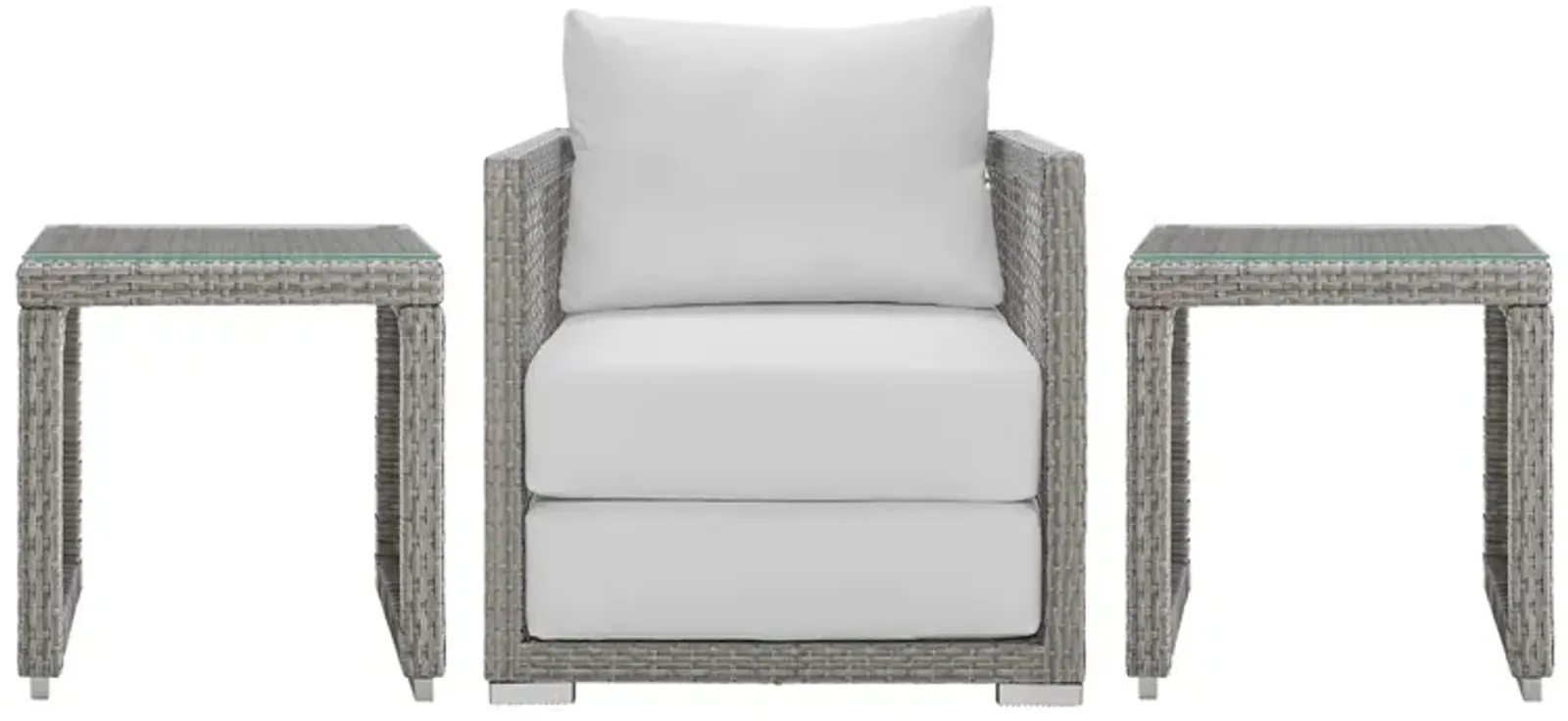 Modway Aura Outdoor Patio Wicker Rattan Armchair and Two Side Tables in Gray White