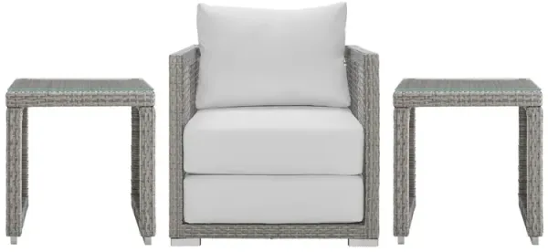 Modway Aura Outdoor Patio Wicker Rattan Armchair and Two Side Tables in Gray White