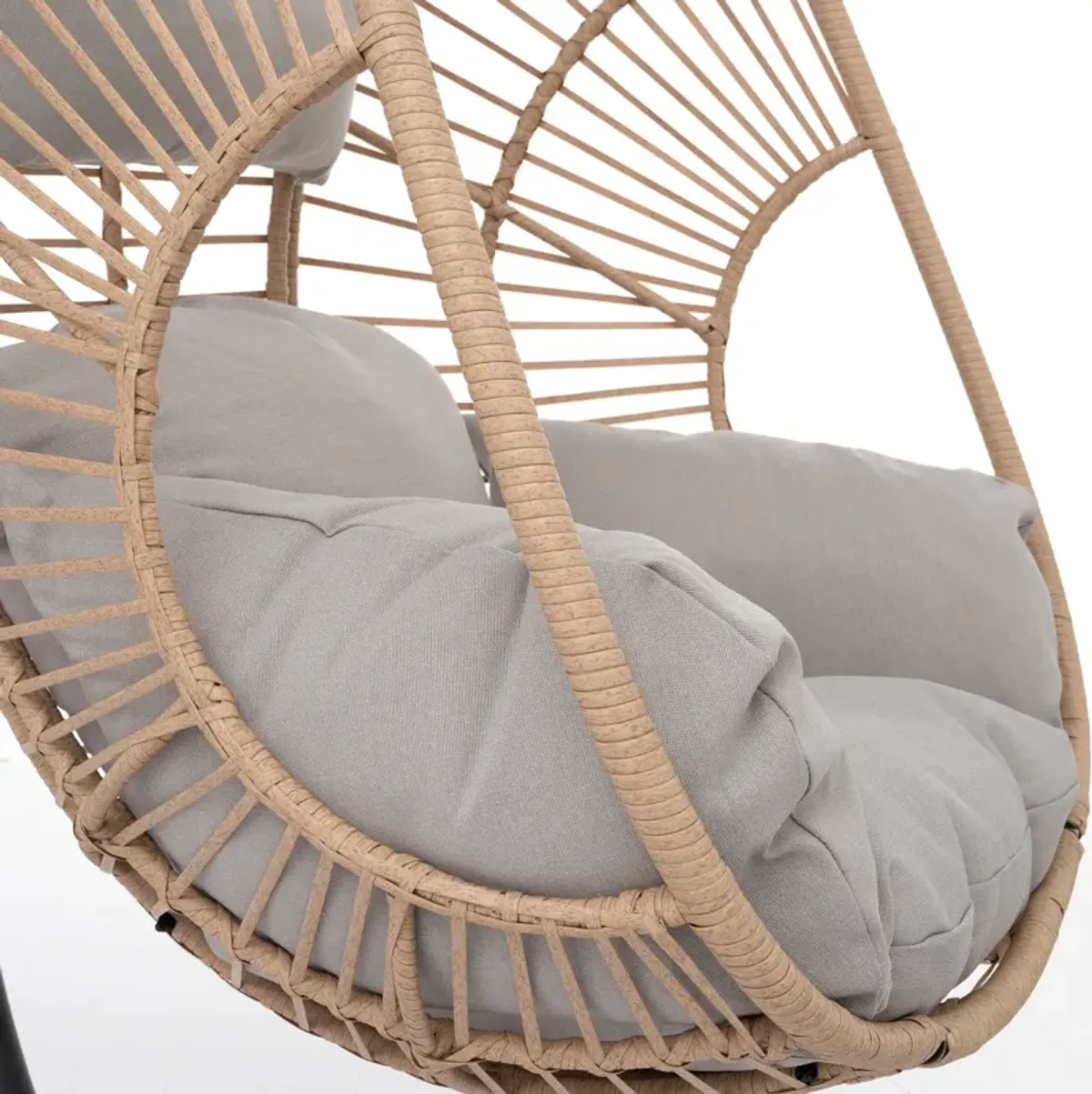 Outdoor Indoor Swing Egg Chair Natural Color Wicker With Beige Cushion