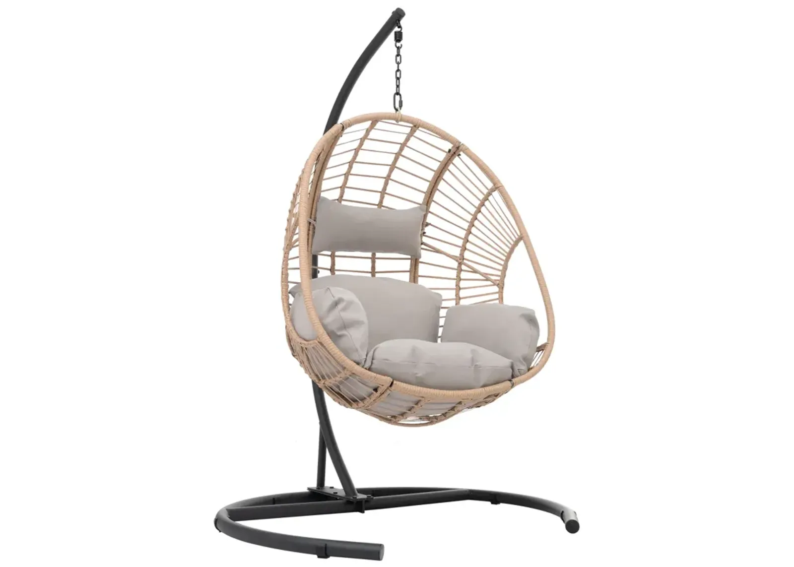 Outdoor Indoor Swing Egg Chair Natural Color Wicker With Beige Cushion