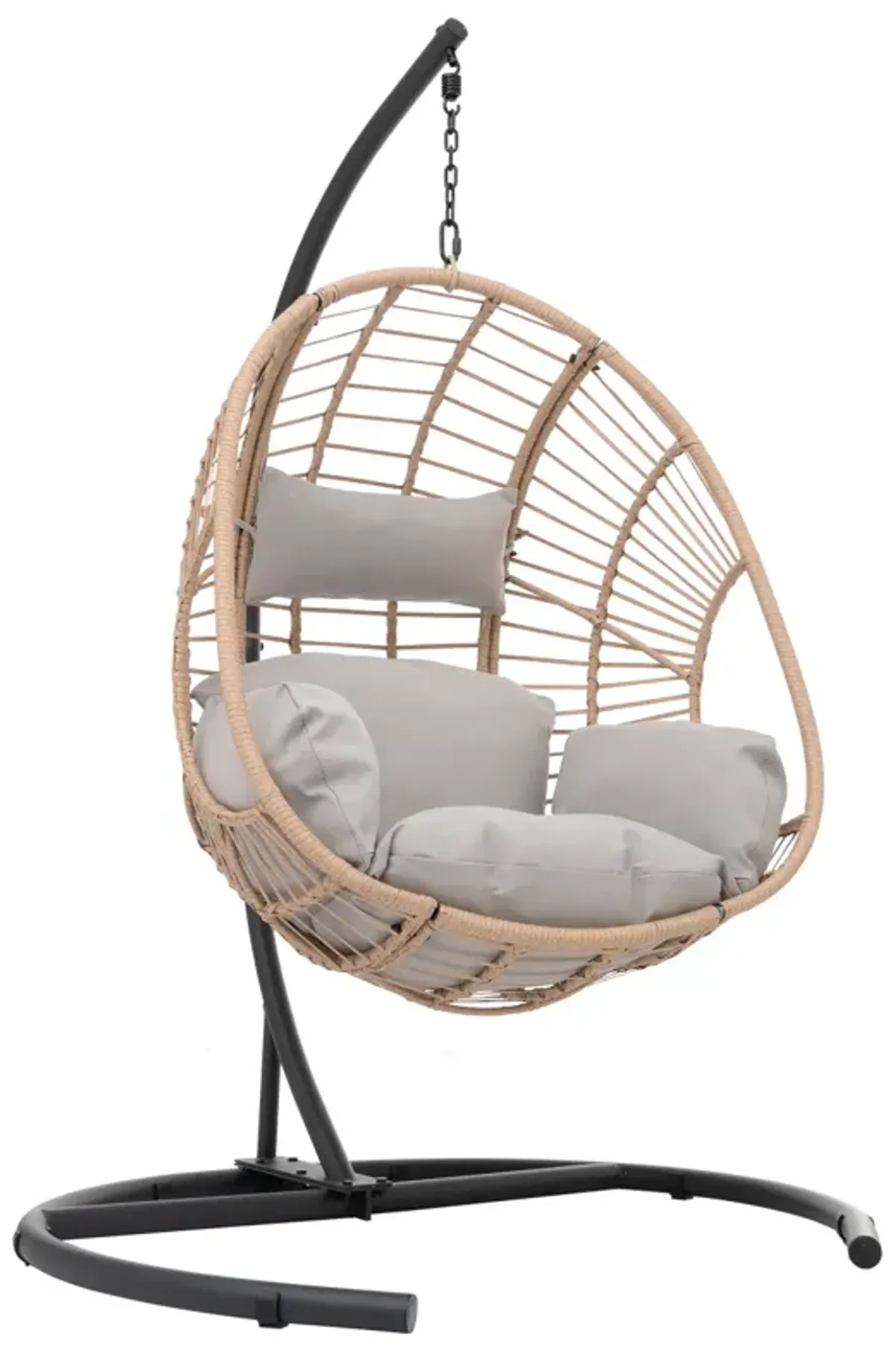 Outdoor Indoor Swing Egg Chair Natural Color Wicker With Beige Cushion