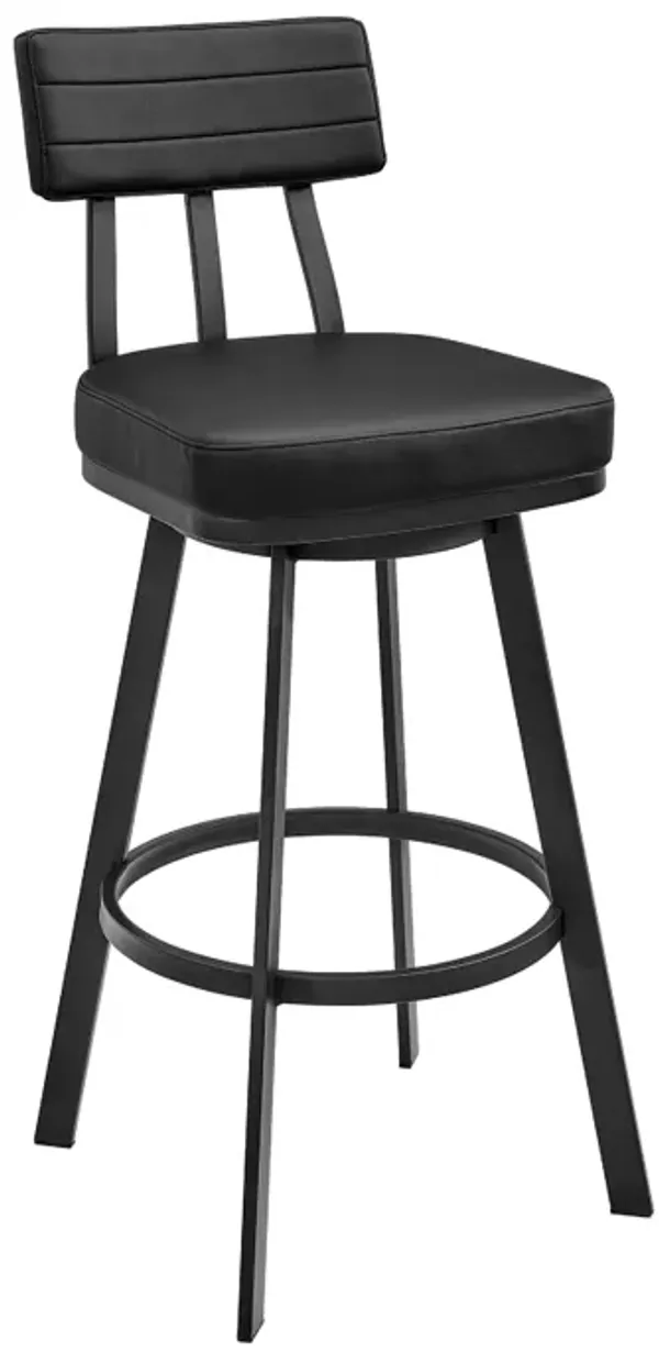 Poni Swivel Barstool Chair, Black Faux Leather, Iron Base