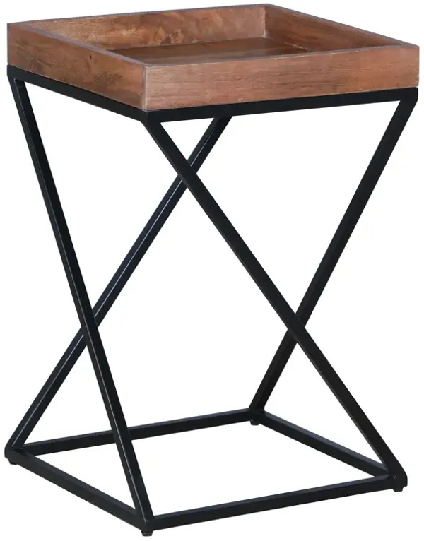 22 Inch Industrial End Side Table with Mango Wood Tray Top, X Shape Iron Frame, Brown, Black-Benzara