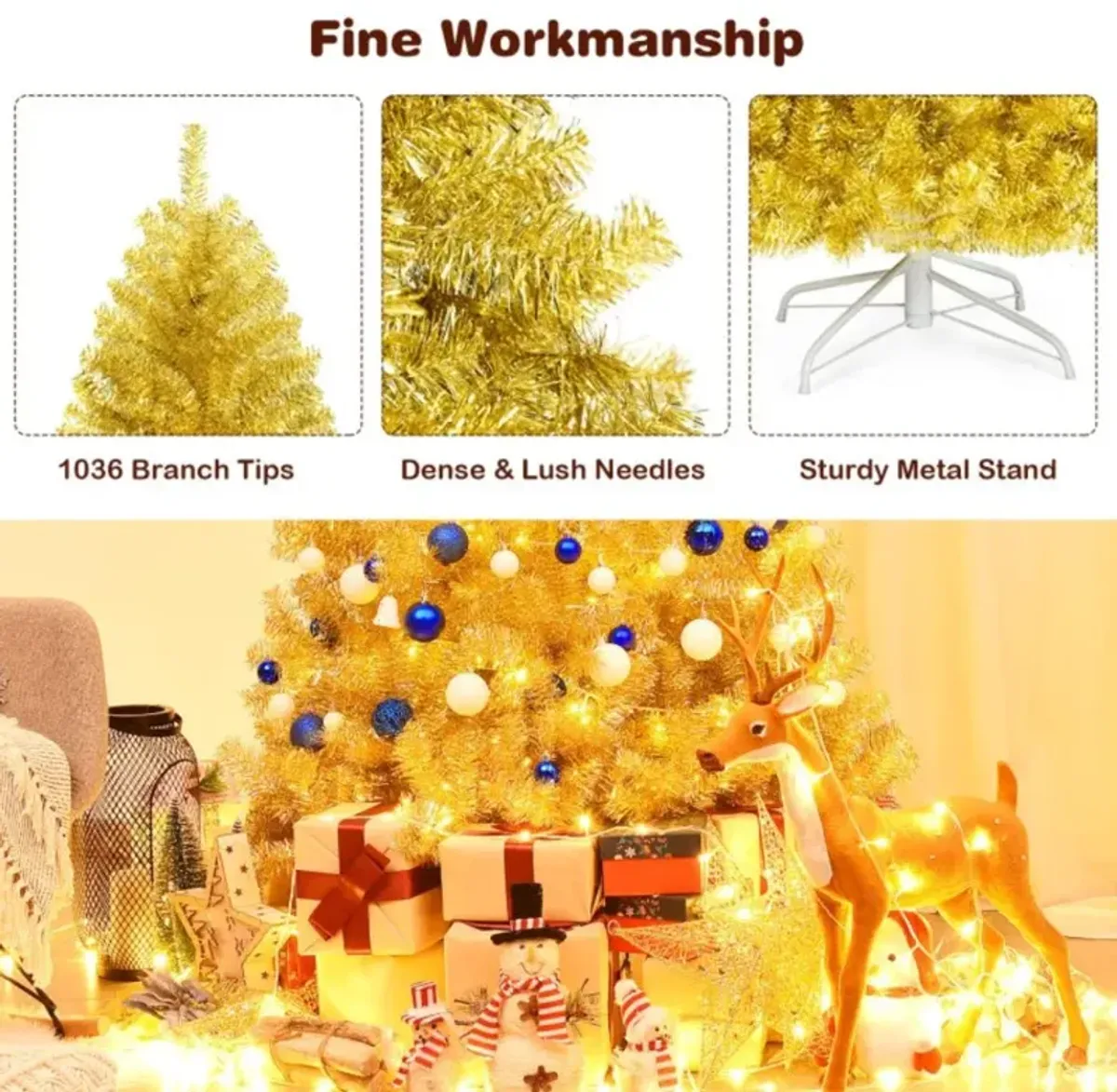 Hivvago 6/7.5 Feet Artificial Tinsel Christmas Tree Hinged with Foldable Stand