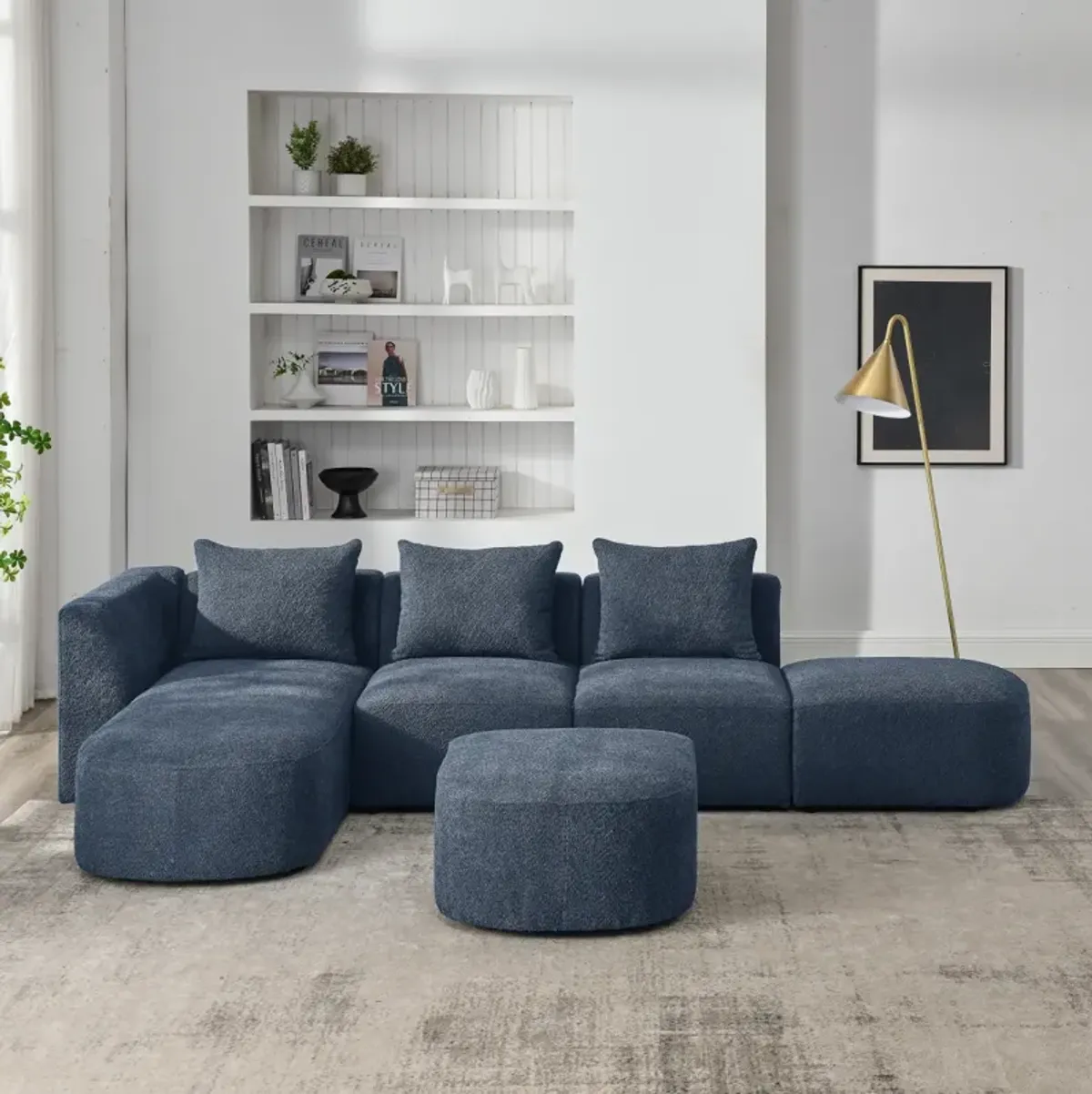 Navy Loop Yarn L-Shaped Sectional with Ottoman