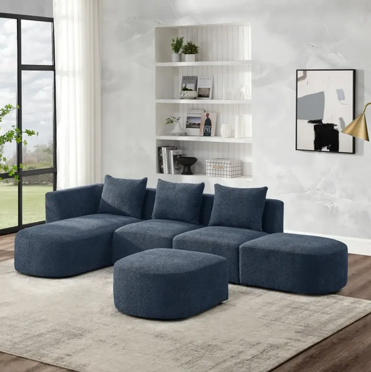 Navy Loop Yarn L-Shaped Sectional with Ottoman