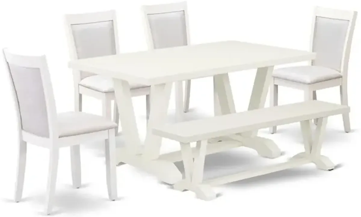 V026MZ001-6 6-Pc Table Set Contains a Dining Table - 4 Cream Dining Chairs and a Wood Bench - Wire Brushed Linen White Finish