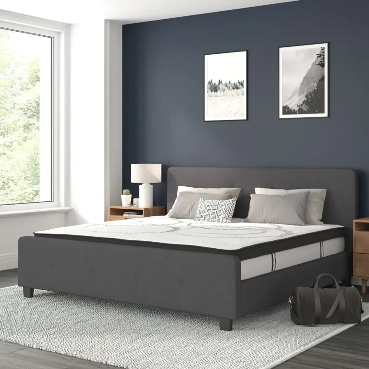 Tribeca King Size Tufted Upholstered Platform Bed in Dark Gray Fabric with 10 Inch CertiPUR-US Certified Pocket Spring Mattress