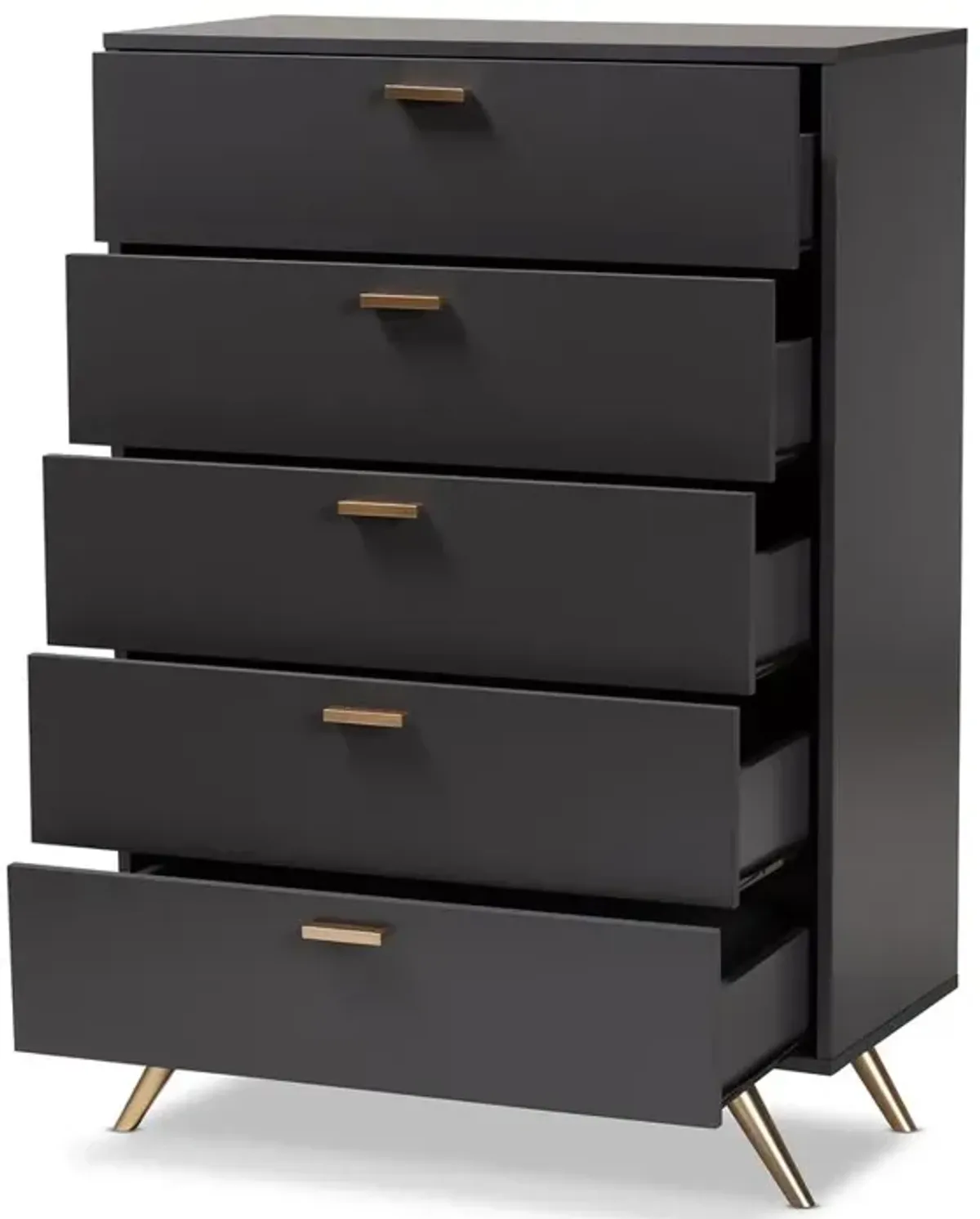 Kelson Modern and Contemporary Dark Grey and Gold Finished Wood 5-Drawer Chest