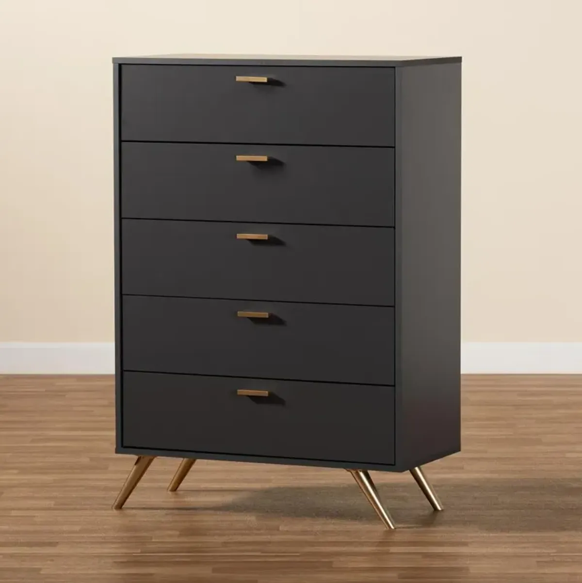 Kelson Modern and Contemporary Dark Grey and Gold Finished Wood 5-Drawer Chest