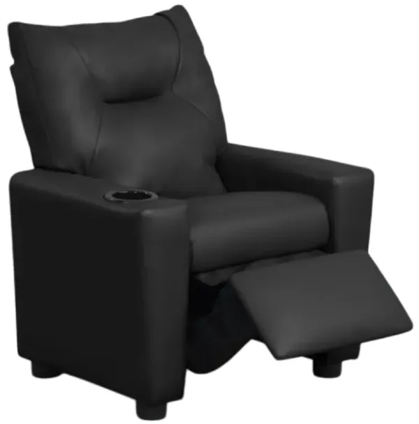 Chang Kids Recliner Chair, Built In Cupholder, Black Faux Leather - Benzara