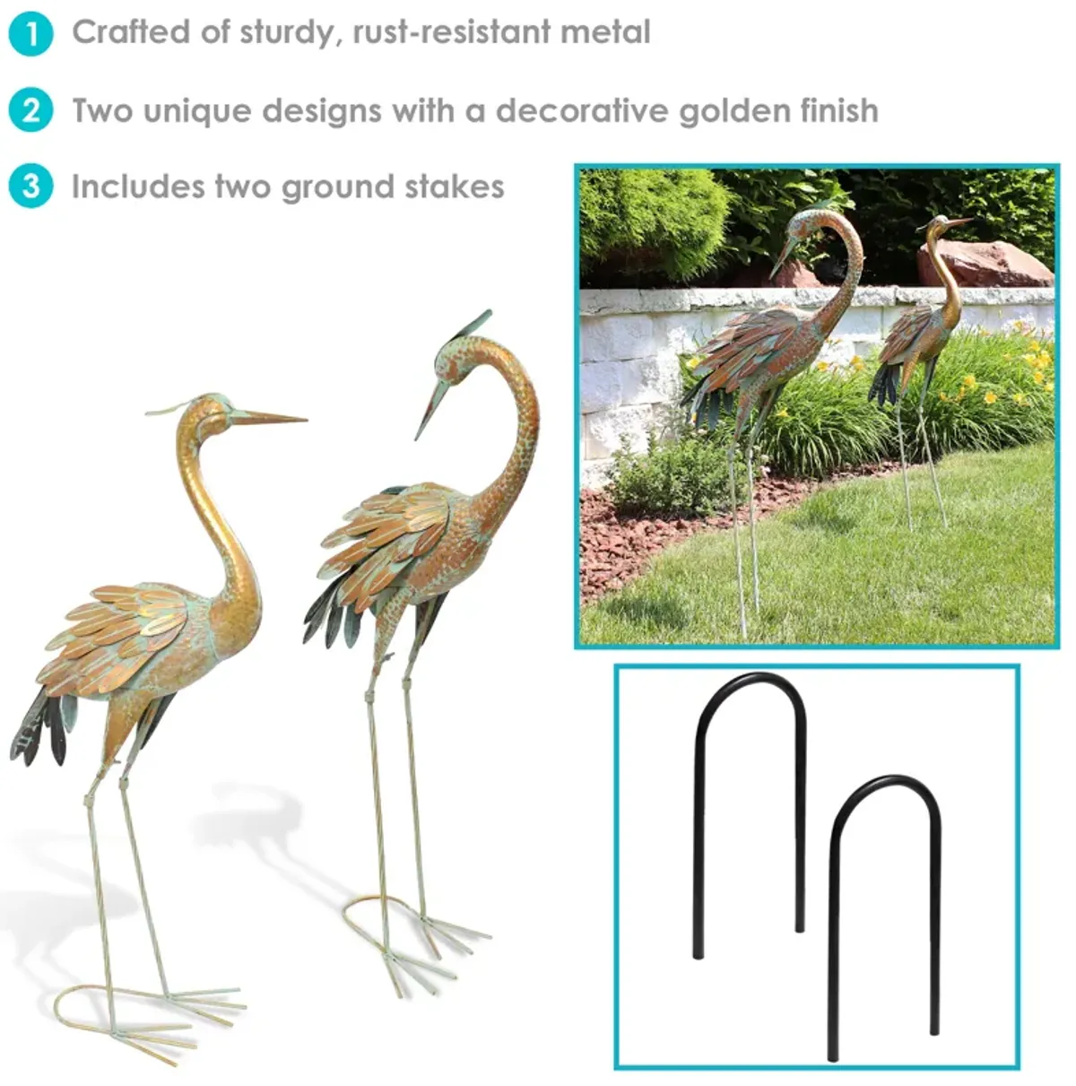 Sunnydaze Golden Crane Indoor/Outdoor Metal Garden Statue - Set of 2