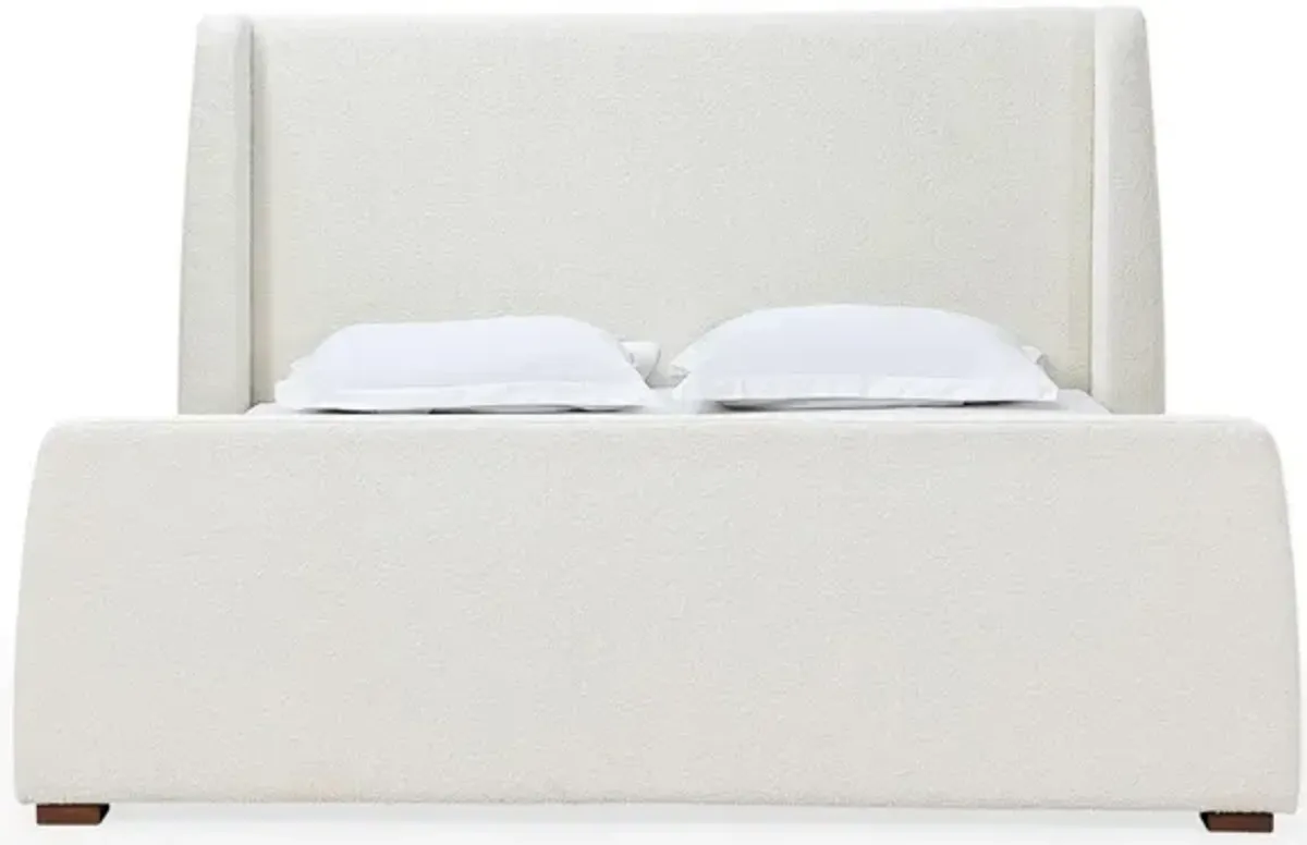 Mosi Queen Platform Bed, Wingback Headboard, White Boucle Fabric Upholstery - Benzara