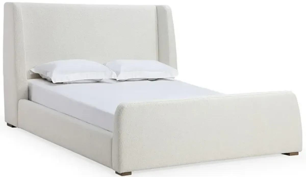 Mosi Queen Platform Bed, Wingback Headboard, White Boucle Fabric Upholstery - Benzara
