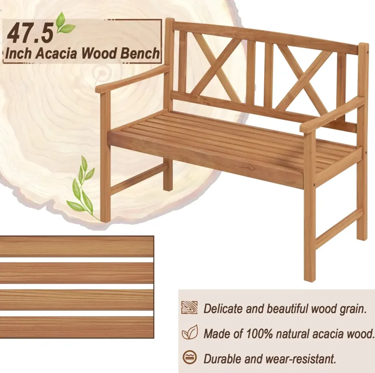 2-Person Wood Outdoor Bench with Cozy Armrest and Backrest