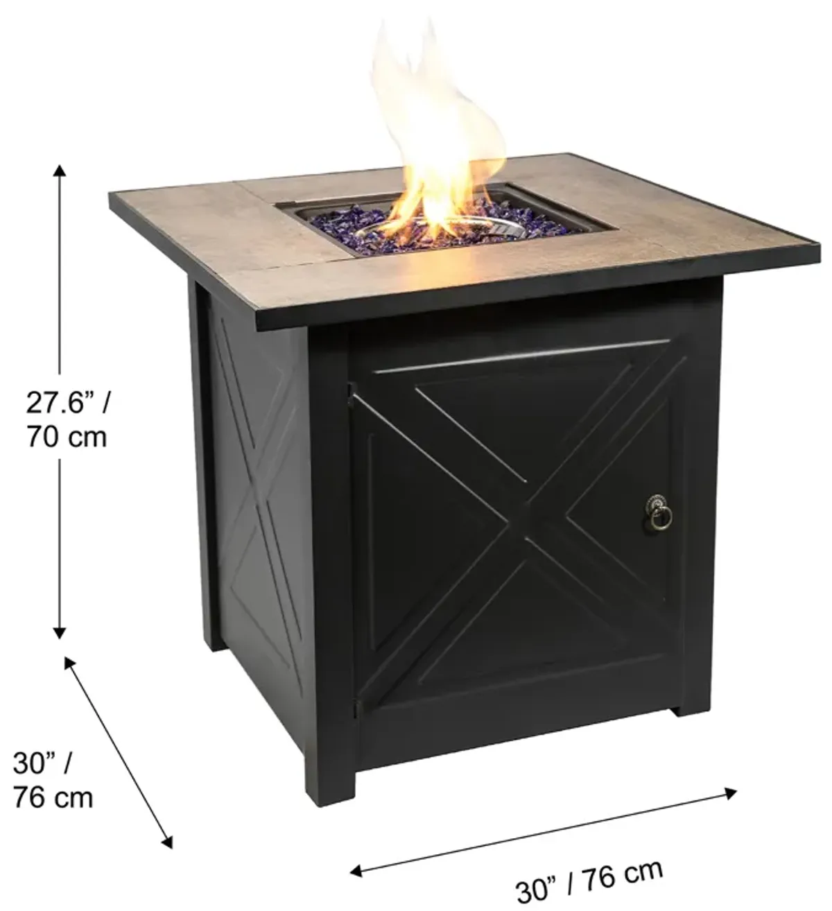 Teamson Home Outdoor Square 30" Propane Ceramic Gas Fire Pit with Steel Base, Black/Stone