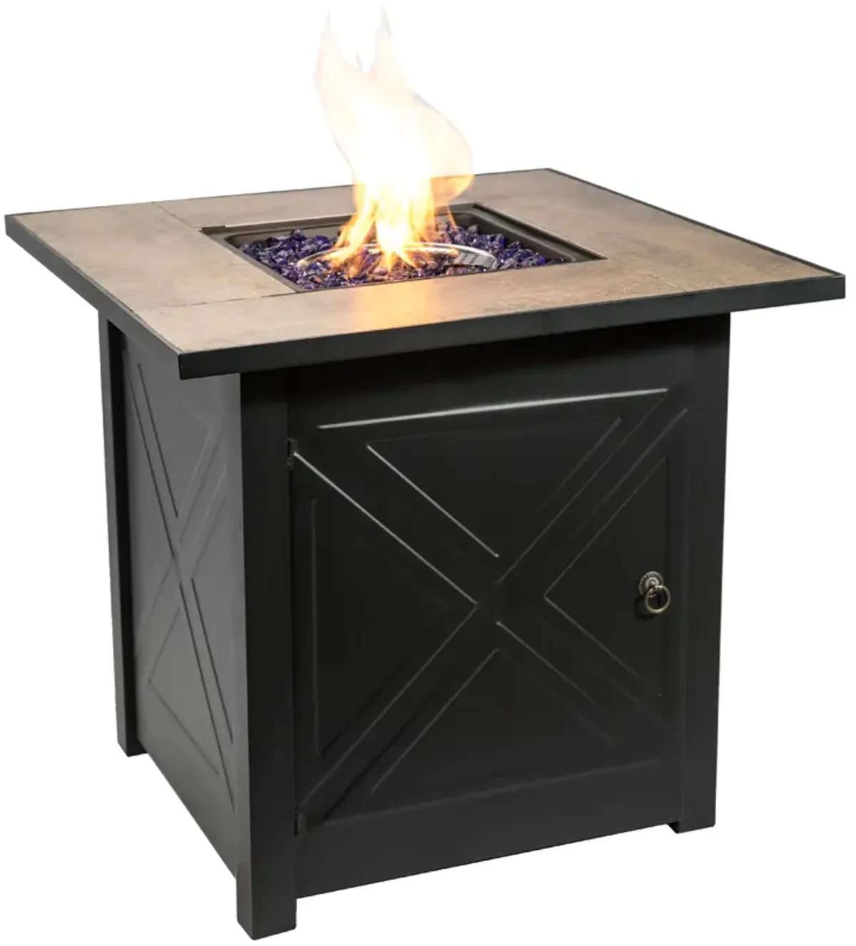 Teamson Home Outdoor Square 30" Propane Ceramic Gas Fire Pit with Steel Base, Black/Stone