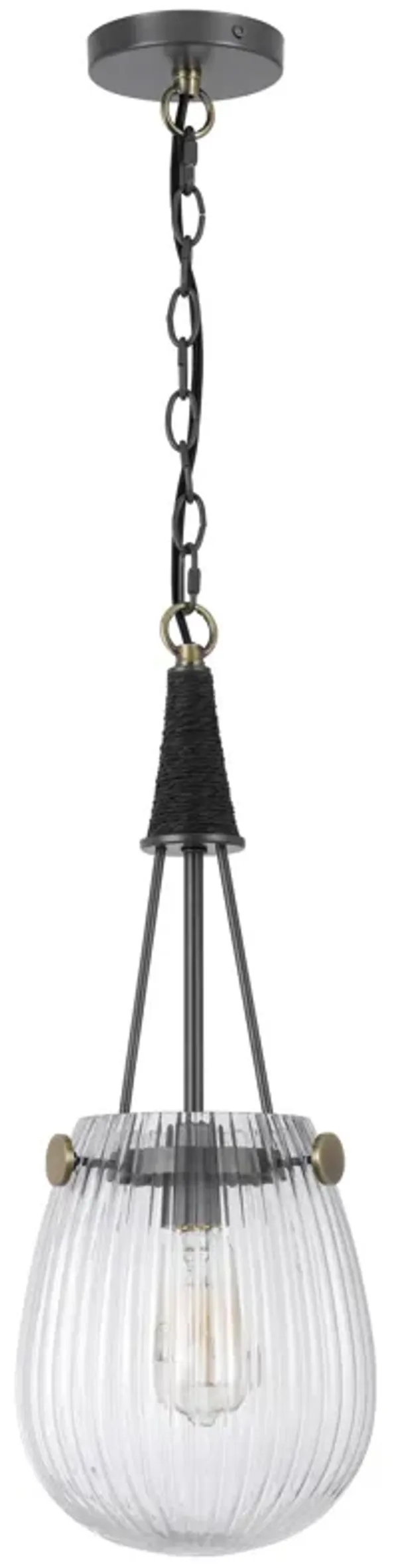 Cora 8 Inch Pendant Light w Gray Gold Chain, Fluted Raindrop Glass - Benzara