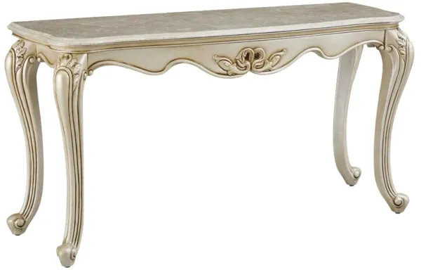 Joss 58 Inch Console Table, Genuine Marble Top, Antique White, Champagne-Benzara