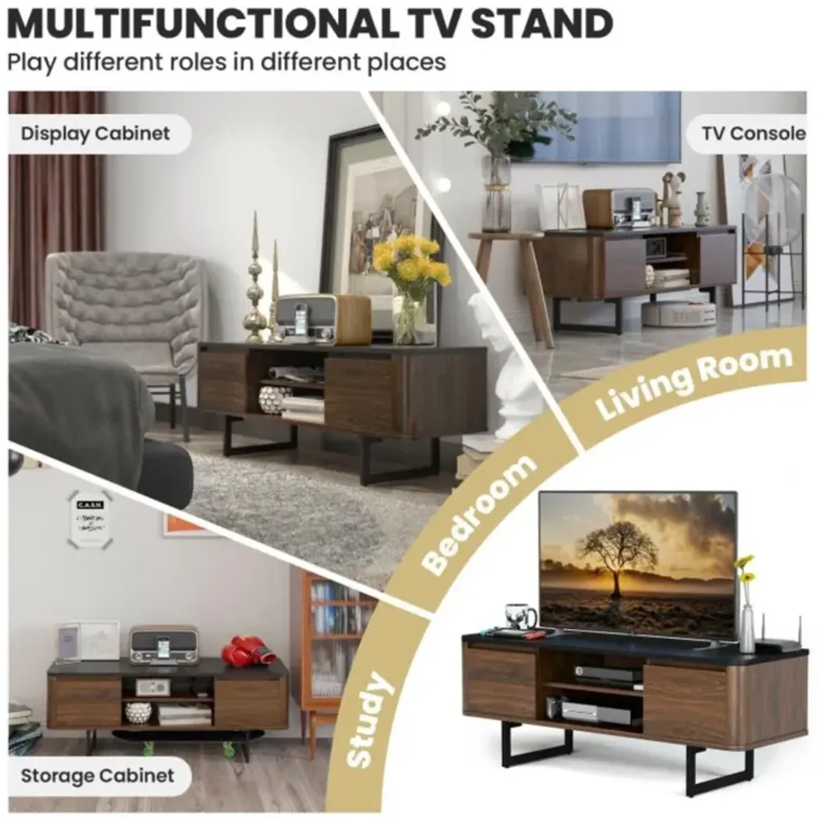 Hivvago Wooden TV Stand with 2-Door Storage Cabinets for for TVs up to 55 Inch