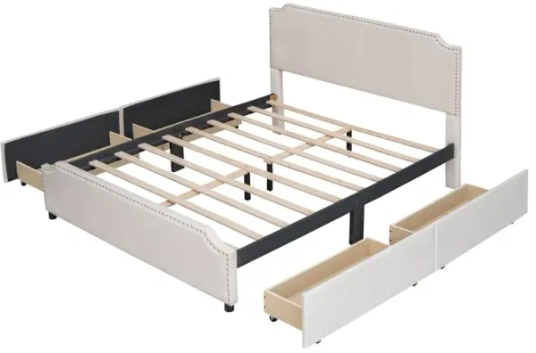 Platform Bed with Velvet Studded Headboard Footboard and 4 Built-in Storage Drawers