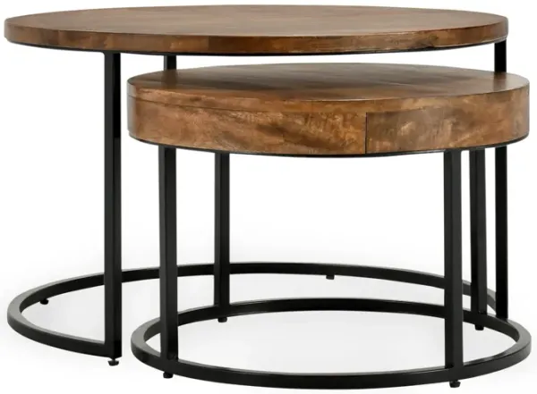 Benjara Nesting Coffee Table Set of 2, Wood, Iron Frame, Natural Brown and Black