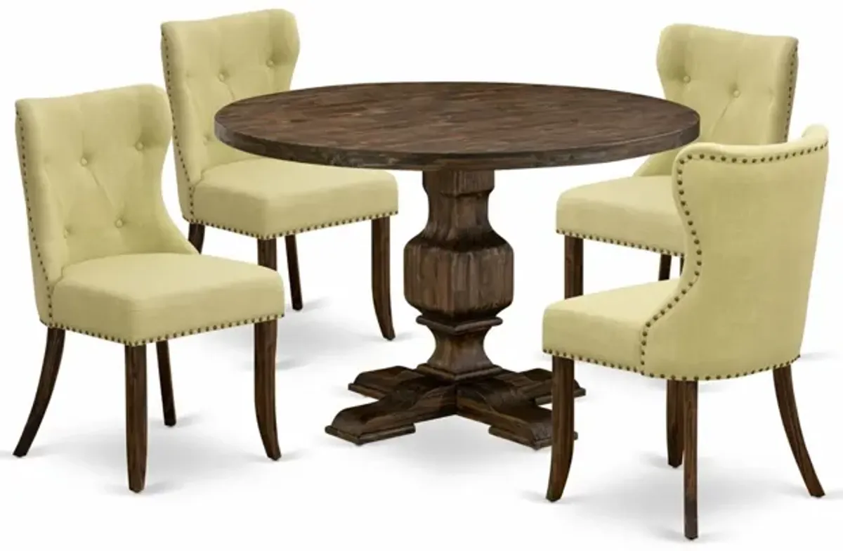 East West Furniture I3SI5-737 5Pc Dining Set - Round Table and 4 Parson Chairs - Distressed Jacobean Color