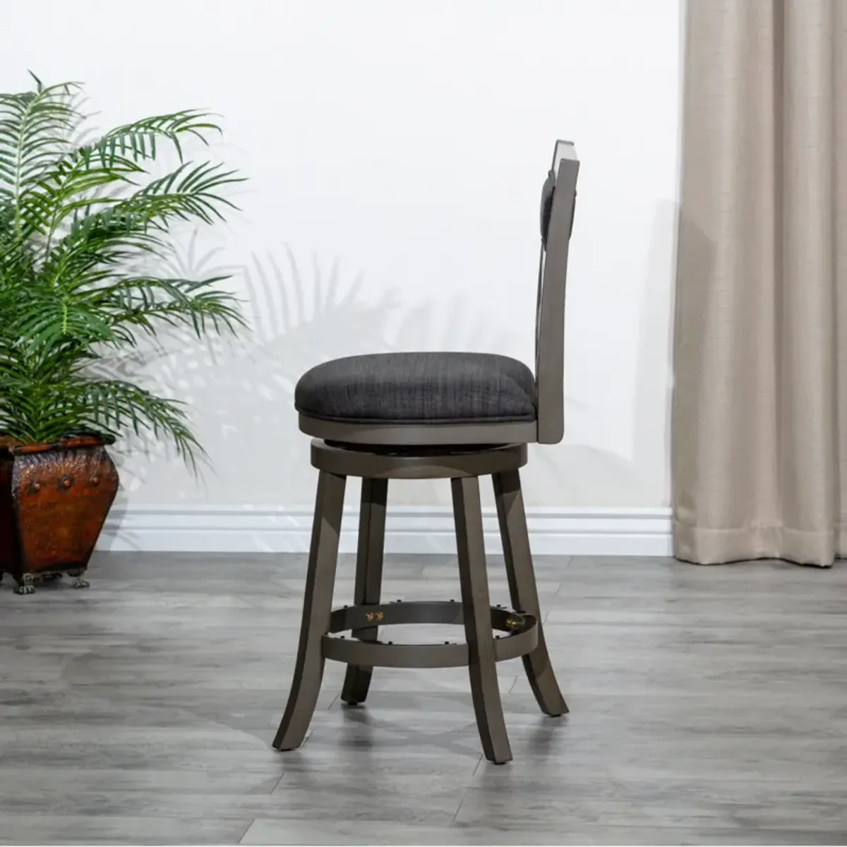 24" Counter Height X-Back Swivel Stool, Weathered Gray Finish, Charcoal Fabric Seat