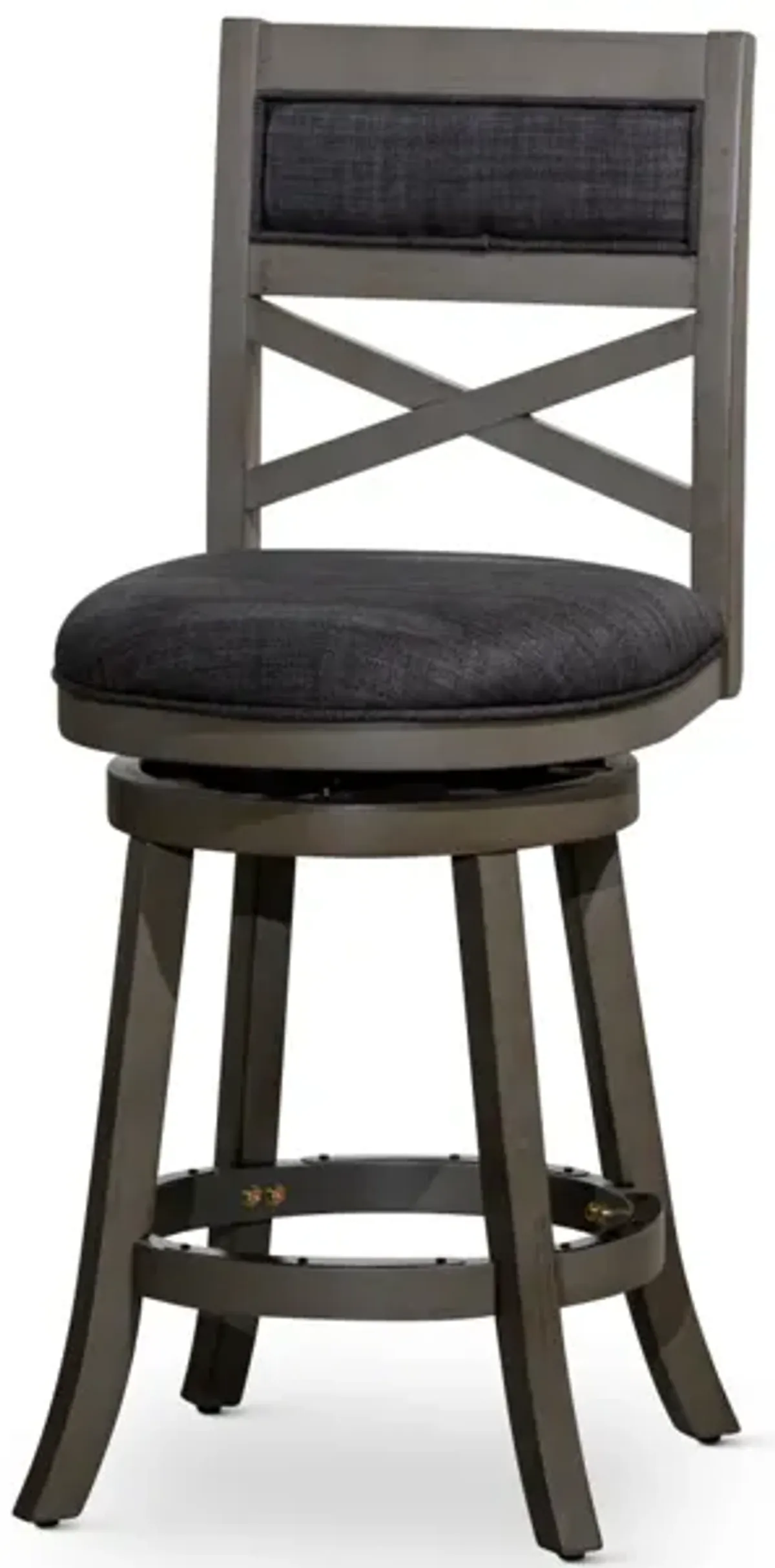 24" Counter Height X-Back Swivel Stool, Weathered Gray Finish, Charcoal Fabric Seat