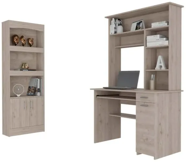 Isabelle 10-Shelf 4-Door 2-Piece Office Set, Bookcase And Desk Light Gray