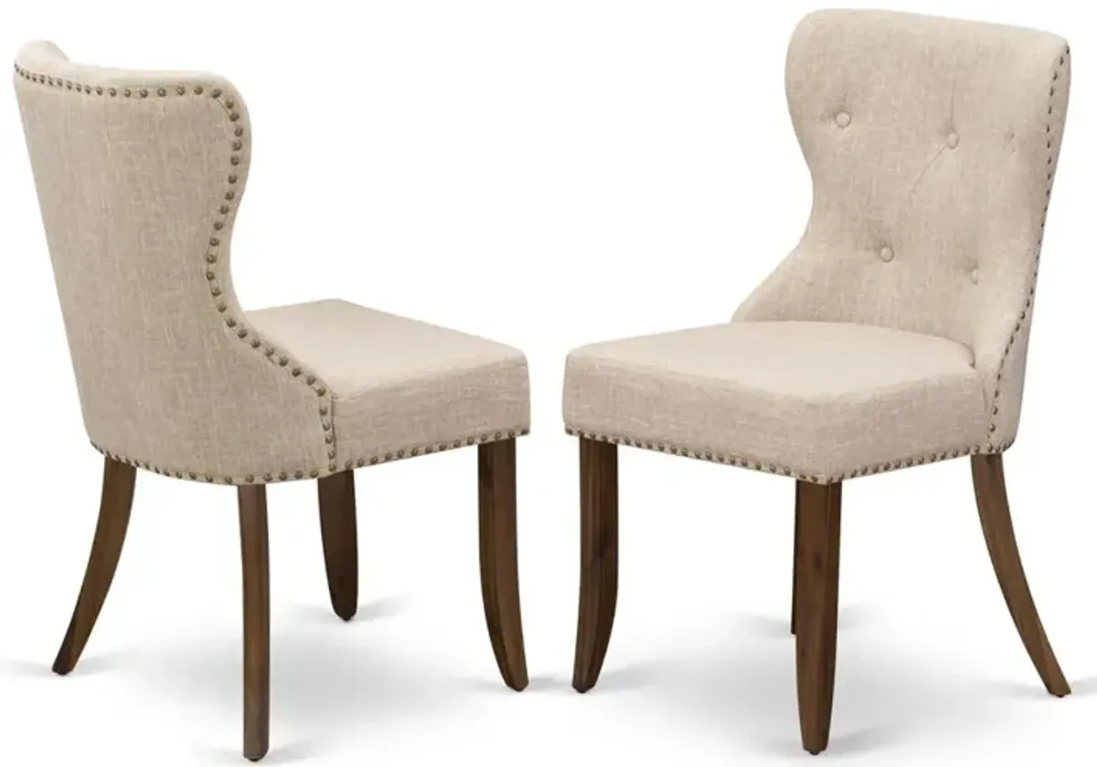 East West Furniture - Set of 2 - Wood Chairs- Upholstered Dining Chairs Includes Antique Walnut Hardwood Frame with Light Tan Linen Fabric Seat with Nail Head and Button Tufted Back