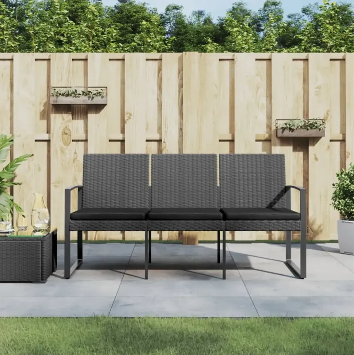 vidaXL Outdoor Bench with Cushions, 3-Seater Patio Bench, Durable Polypropylene Rattan - Dark Gray, Powder-Coated Steel Frame - Garden/Terrace Furniture