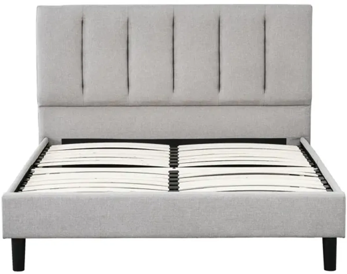 Heli Queen Bed, Gray Linen Upholstered Frame, Vertical Tufted Headboard-Benzara