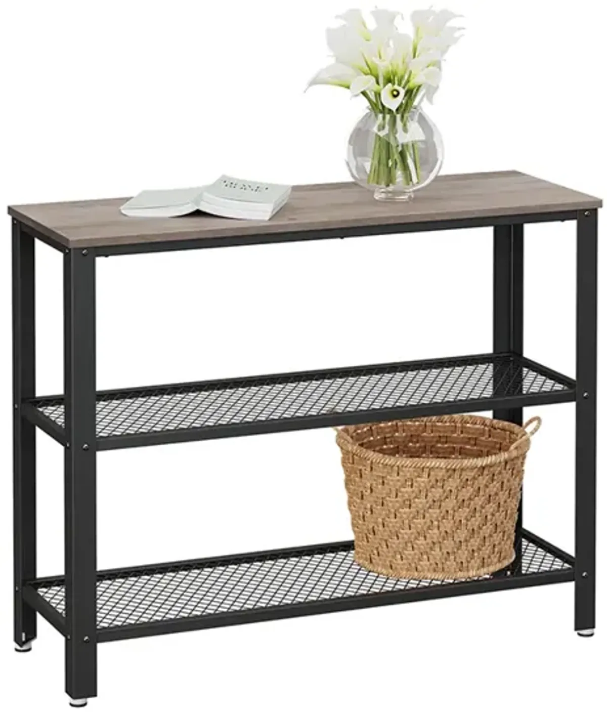 Narrow Hallway Table with Mesh Shelves - Industrial Steel Design, Greige & Black