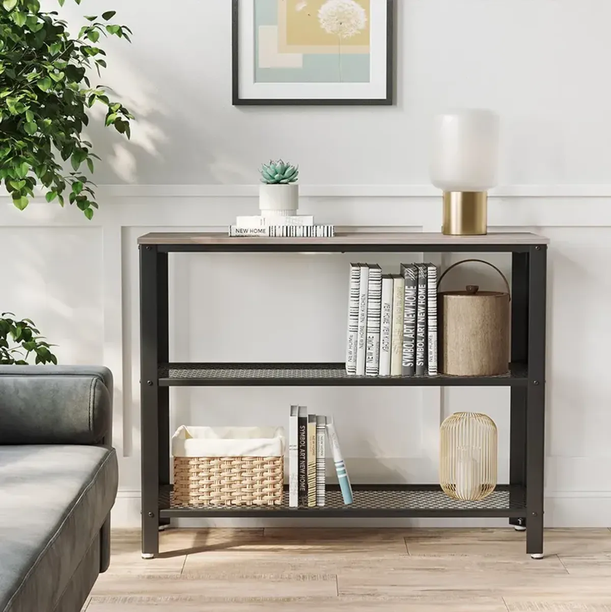 Narrow Hallway Table with Mesh Shelves - Industrial Steel Design, Greige & Black