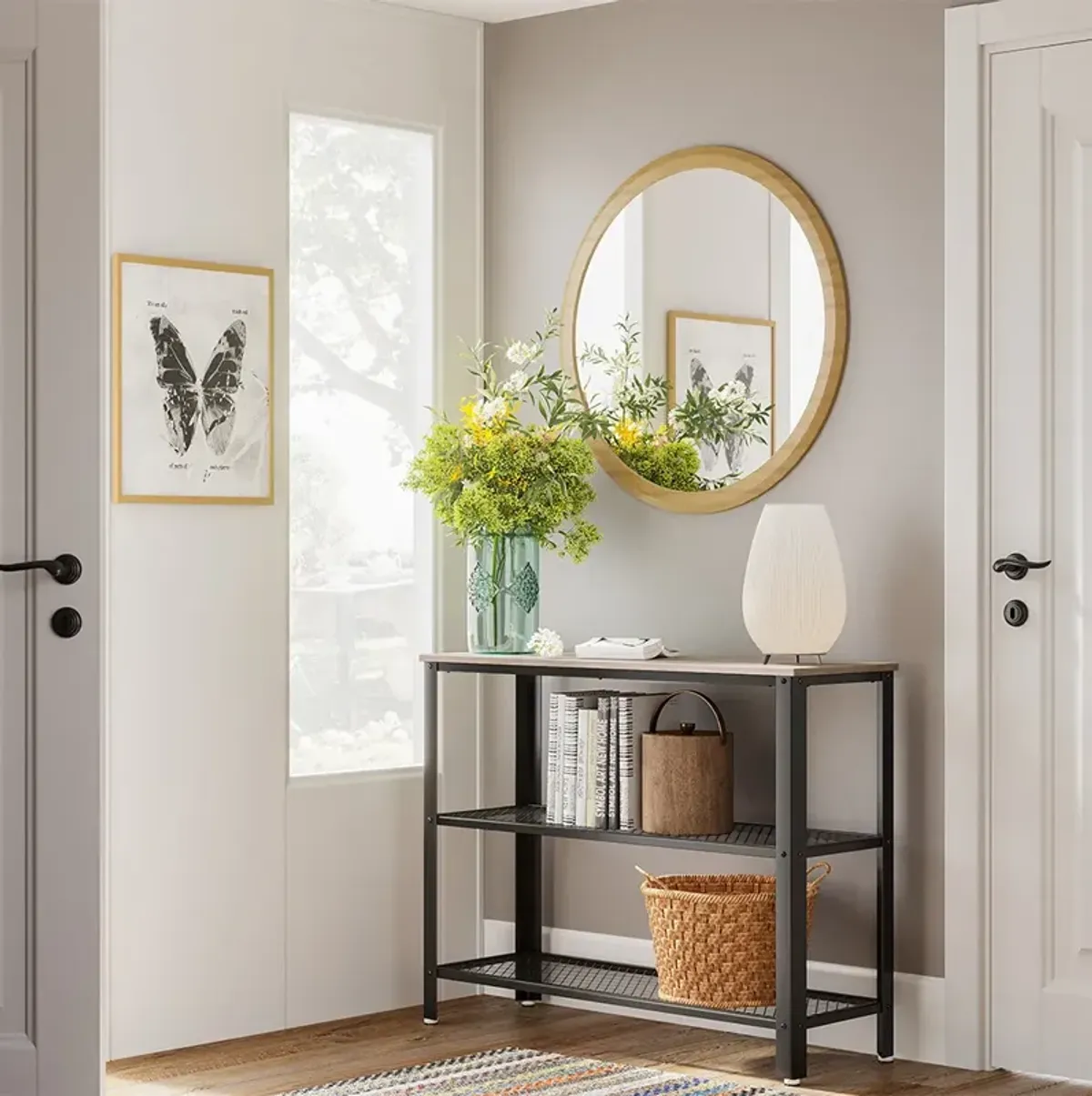 Narrow Hallway Table with Mesh Shelves - Industrial Steel Design, Greige & Black