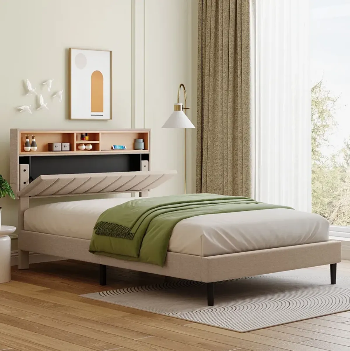 Merax Upholstered Platform Bed with Storage Headboard