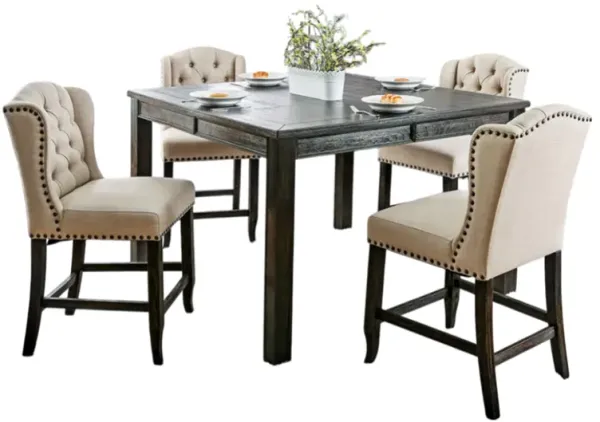 Bega 7pc Counter Height Table and Chair Set, Ivory Upholstery, Black - Benzara