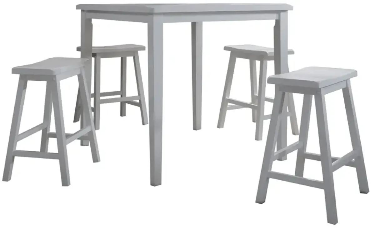 Gael 36 Inch Counter Height Square Dining Table Set, 4 Stools, Wood, White-Benzara