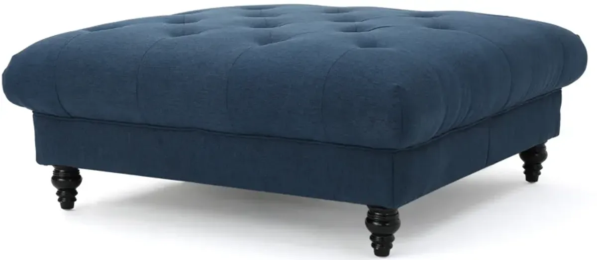 Capri Ottoman, Tufted Navy Blue Fabric, Birch Wood, Square 41 Inch -Benzara