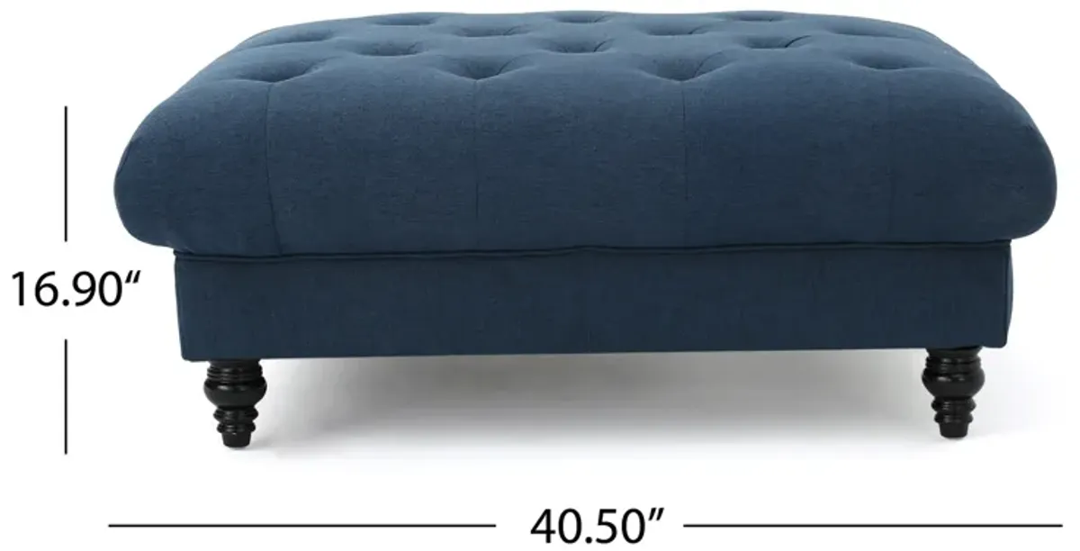 Capri Ottoman, Tufted Navy Blue Fabric, Birch Wood, Square 41 Inch -Benzara