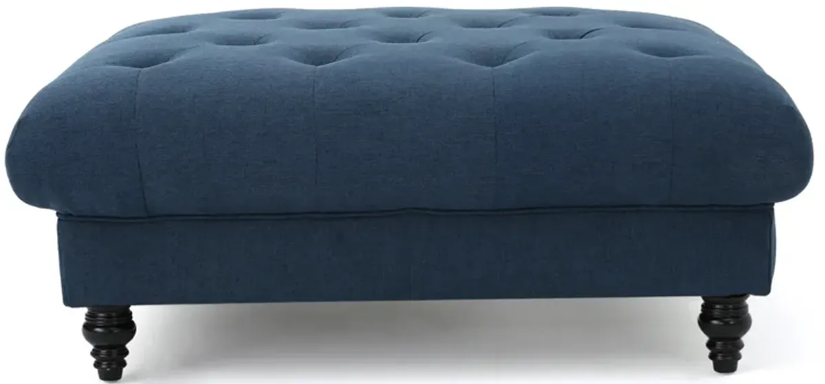 Capri Ottoman, Tufted Navy Blue Fabric, Birch Wood, Square 41 Inch -Benzara