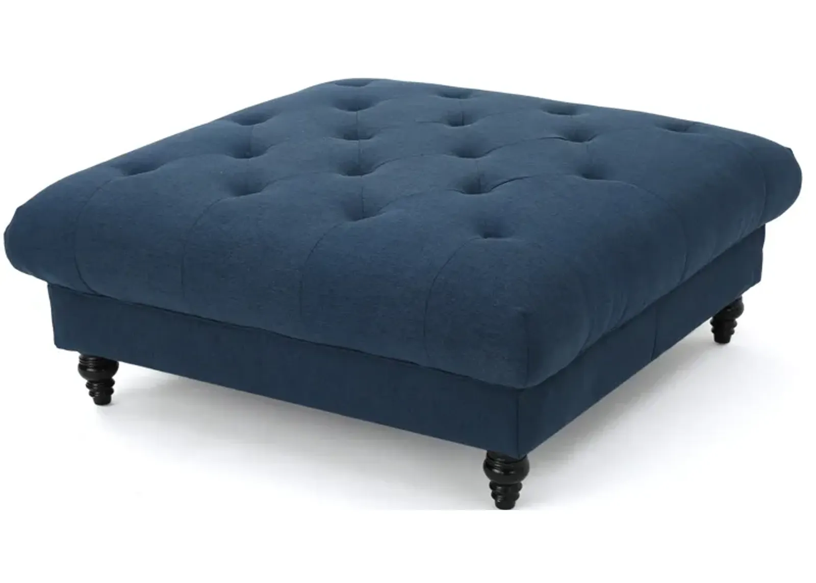 Capri Ottoman, Tufted Navy Blue Fabric, Birch Wood, Square 41 Inch -Benzara