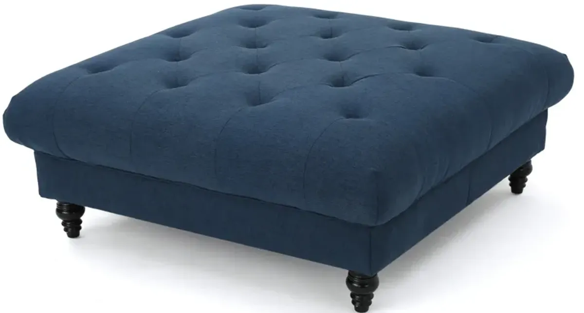 Capri Ottoman, Tufted Navy Blue Fabric, Birch Wood, Square 41 Inch -Benzara