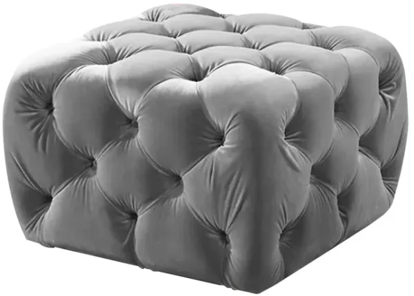Button Tufted Velvet Fabric Upholstered Wooden Ottoman, Gray-Benzara