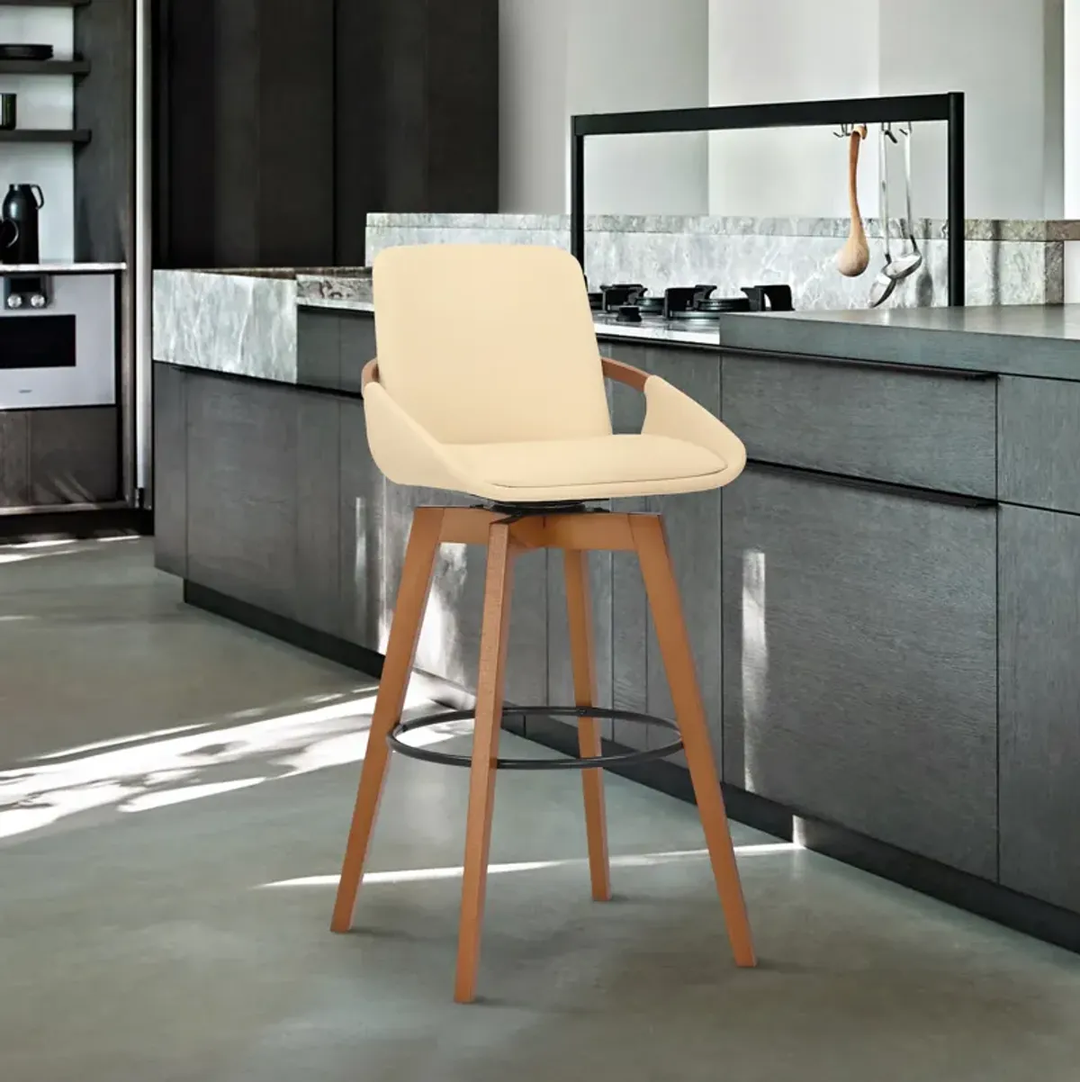 Baylor Gray Faux Leather and Black Wood Swivel Bar Stool
