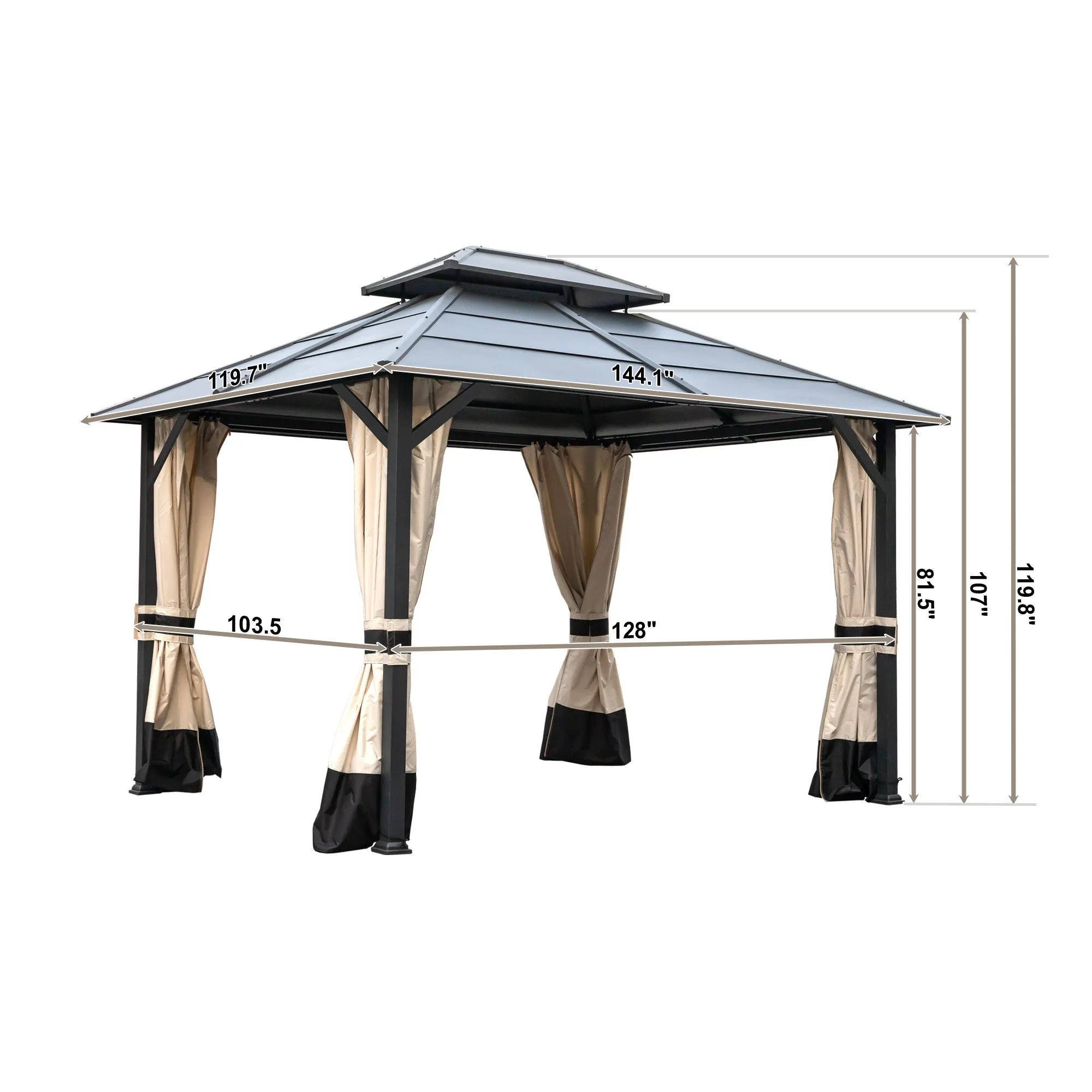 MONDAWE 10 ft�12 ft Metal Hardtop Double Roof Patio Gazebo with Netting and Curtains