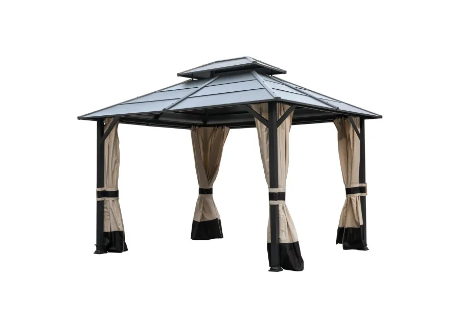 MONDAWE 10 ft�12 ft Metal Hardtop Double Roof Patio Gazebo with Netting and Curtains