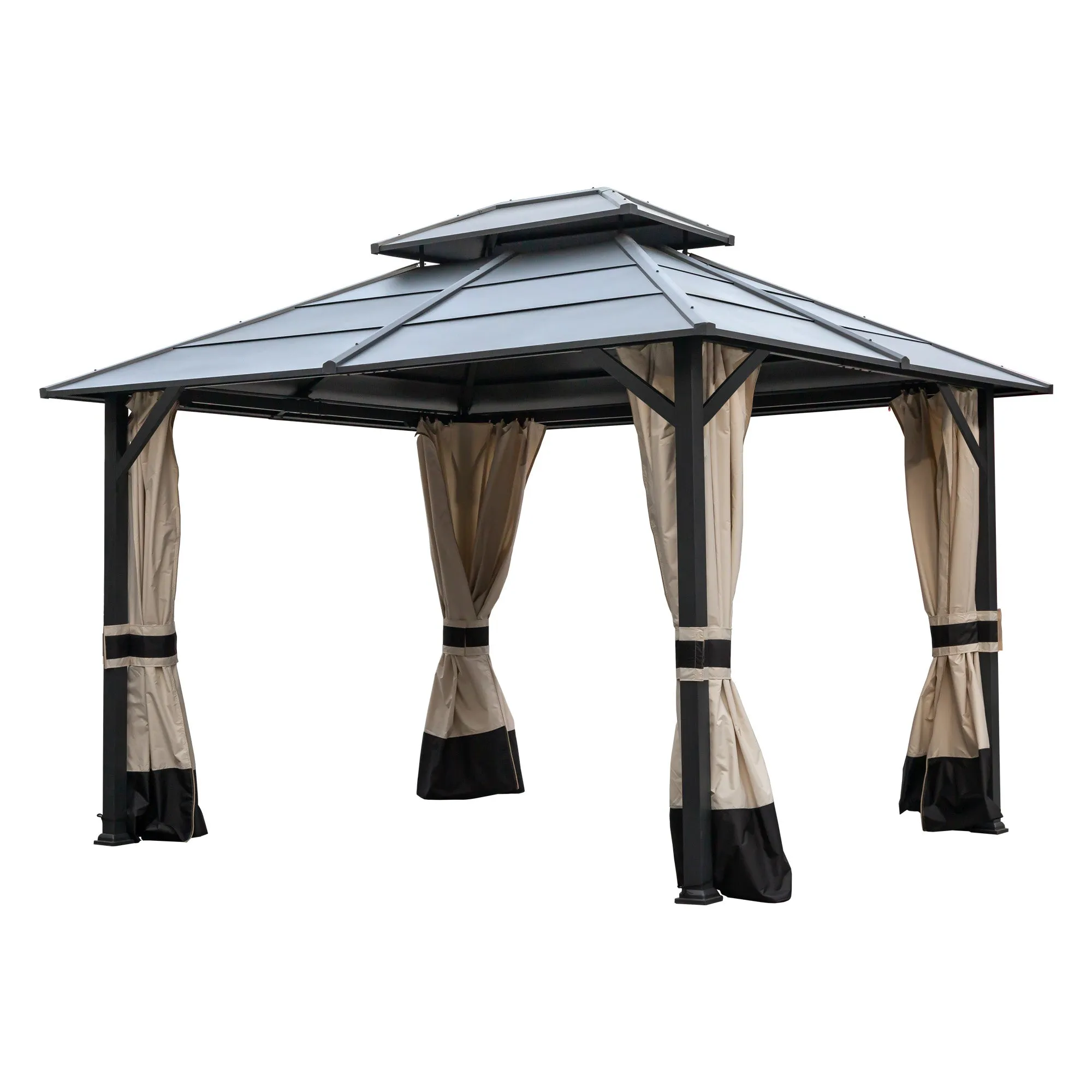 MONDAWE 10 ft�12 ft Metal Hardtop Double Roof Patio Gazebo with Netting and Curtains