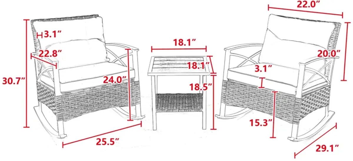 3 Pieces Rocking Rattan Set Wholesale Leisure Chair Outdoor Rattan Rocking Chair Set Grey